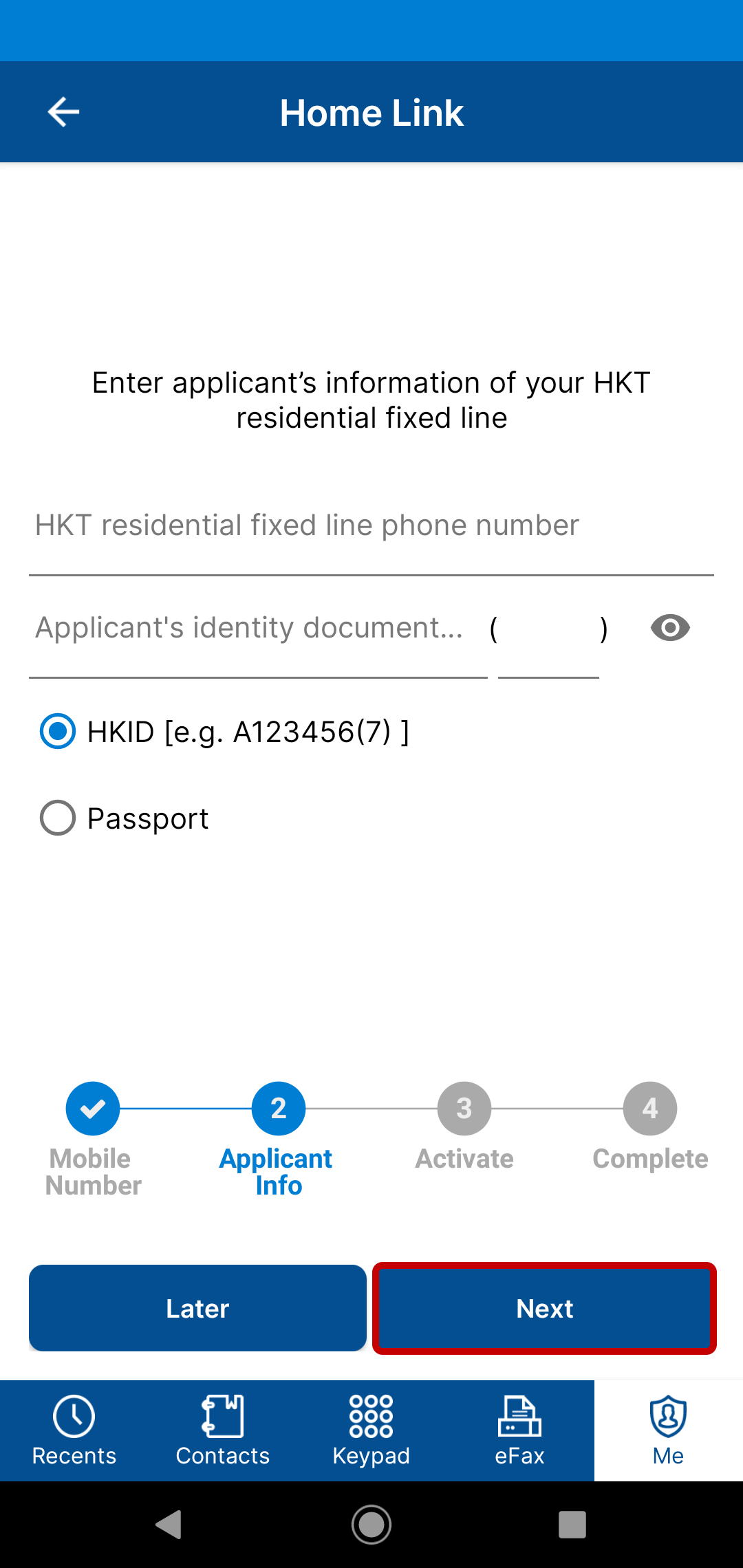 Enter your HKT's residential fixed-line number and your document number for verification. Then, tap “Next”.